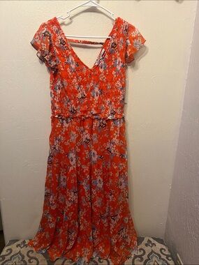 Collective Concepts Orange Floral V-Neck Maxi Dress with Flutter Sleeves